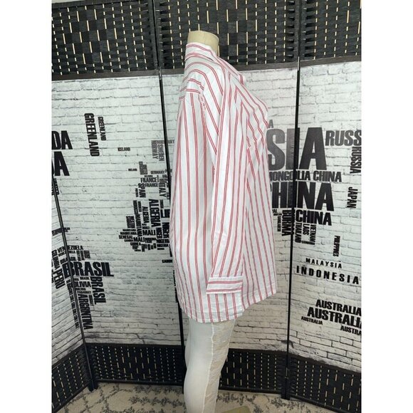 Roaman's 12W White-Red Double Vertical Striped Button Collar Long Sleeve Shirt - Picture 3 of 5